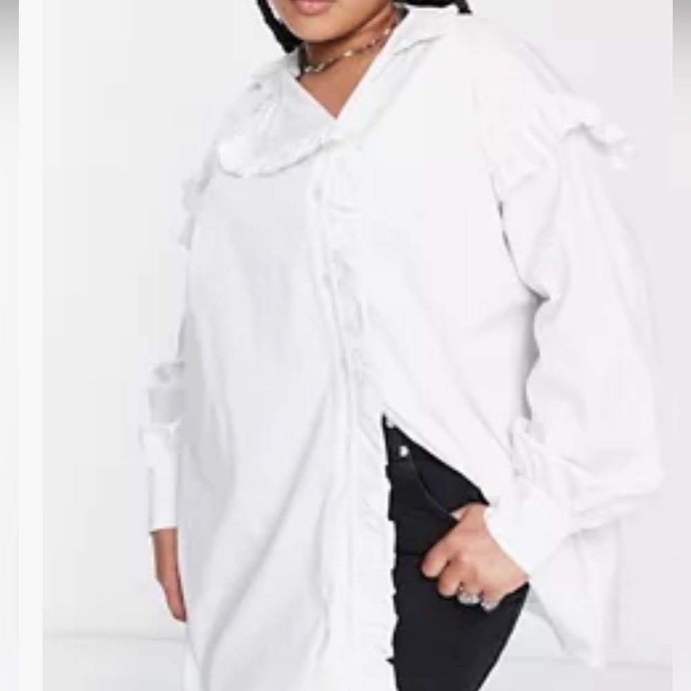 ASOS Design Curve Shirt with high collar and asymmetric frill in white.